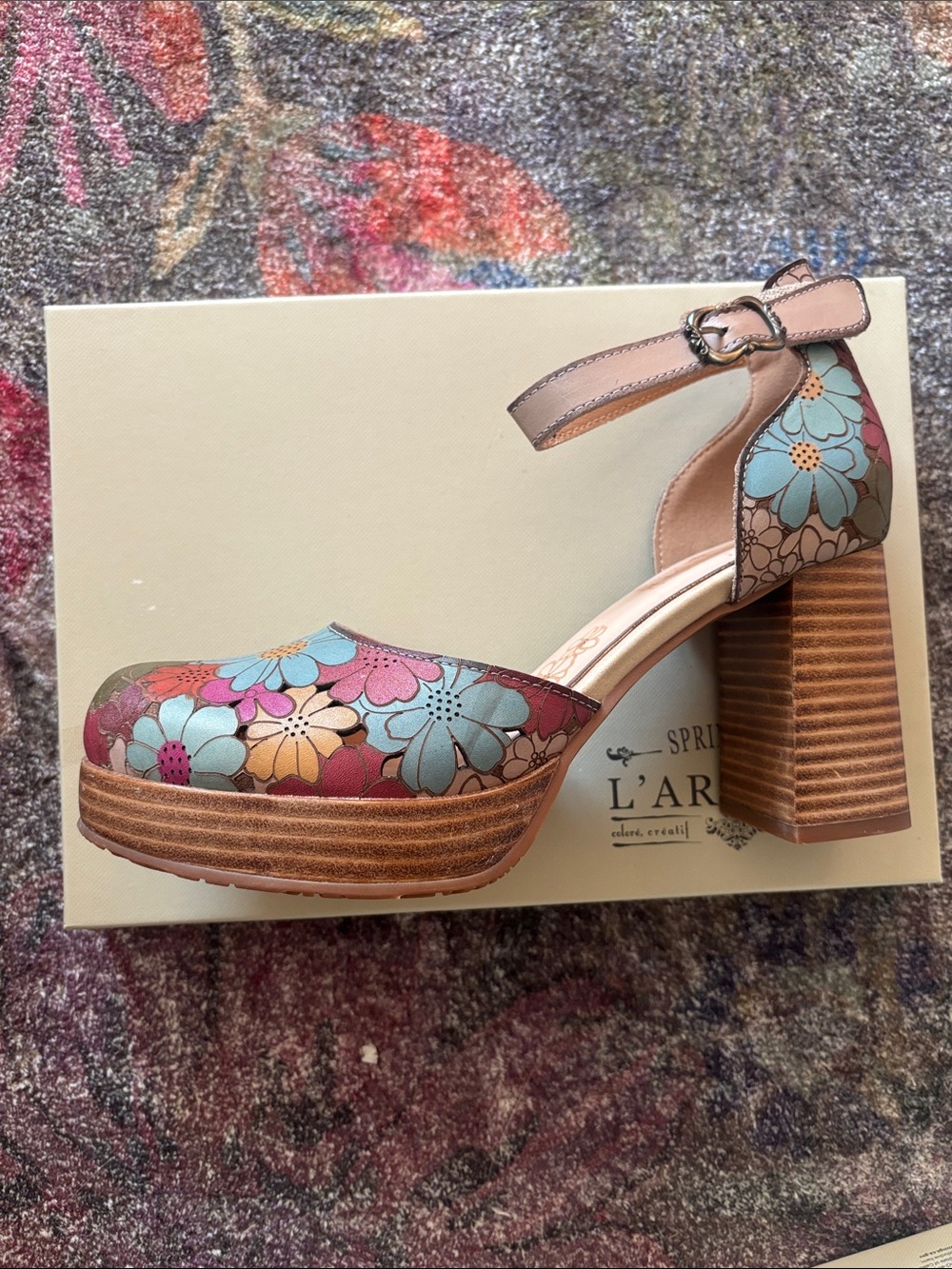 L'ARTISTE Pink Multi-Color Floral Platform Sandal with Ankle Strap